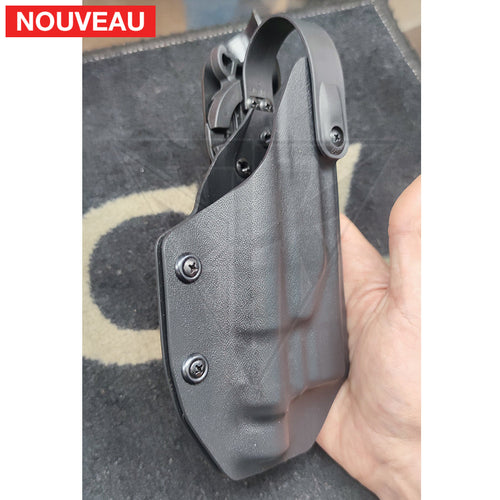 Fabrication Sur Mesure Holster Kydex Noir Level 3 + Hoodguard Btk V2 Pour Pistolet Glock 19 Lampe