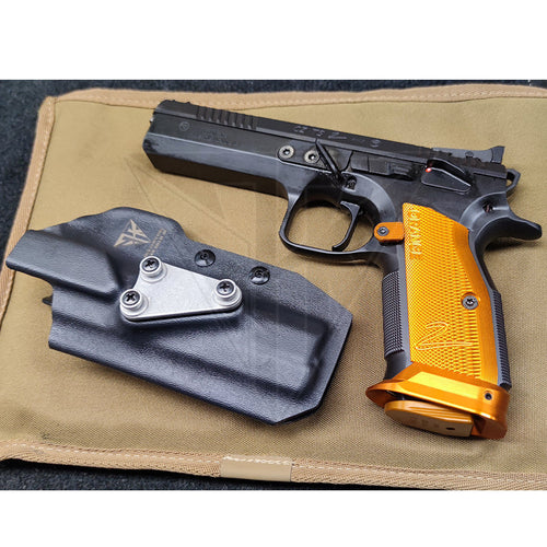 Fabrication sur mesure Holster Kydex Black Fixation G-Code pour CZ TS2 Orange avec Repose-Pouce KYDEX