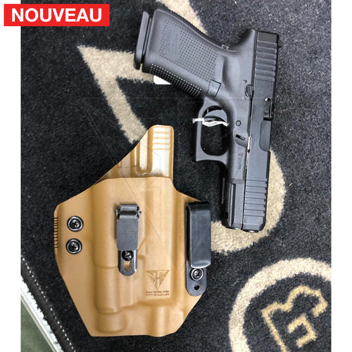 Fabrication sur mesure Holster Kydex Inside Coyote pour Glock 19 Gen 5 Mos + Lampe Tactique Streamlight sur attaches