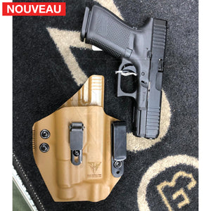 Fabrication sur mesure Holster Kydex Inside Coyote pour Glock 19 Gen 5 Mos + Lampe Tactique Streamlight sur attaches