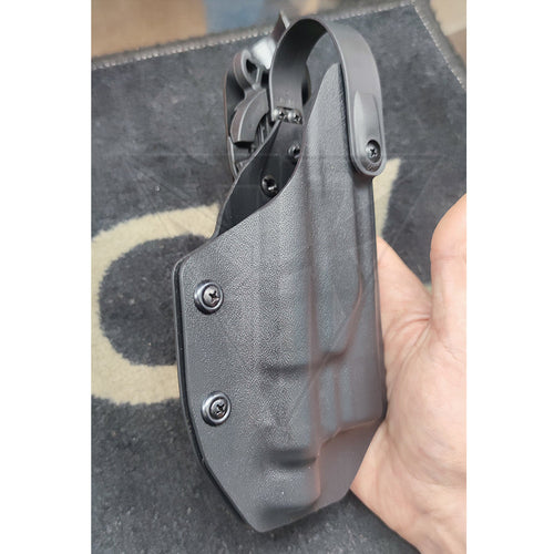 Fabrication Sur Mesure Holster Kydex Noir Level 3 + Hoodguard Btk V2 Pour Pistolet Glock 19 Lampe
