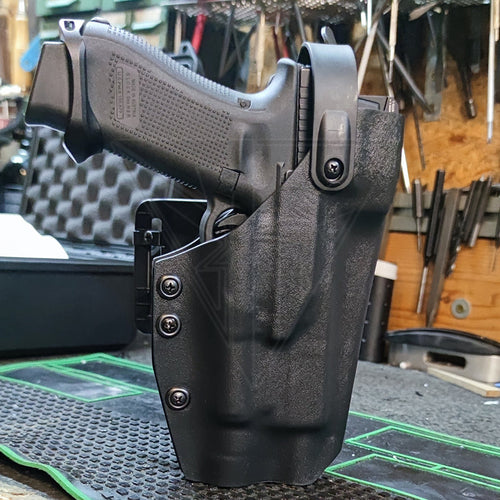 Fabrication Sur Mesure Holster Kydex Noir Level 3 Pour Pistolet Glock 17 Mos Th + Lampe Olight Pl