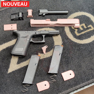 Full Billau Custom Glock 49 MOS + Gravure Laser + Découpe Laser + Traitement Cerakote Rose Gold + Point Rouge Noblex