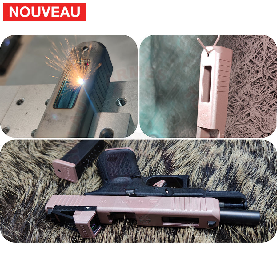 Full Billau Custom Glock 49 MOS + Gravure Laser + Découpe Laser + Traitement Cerakote Rose Gold + Point Rouge Noblex