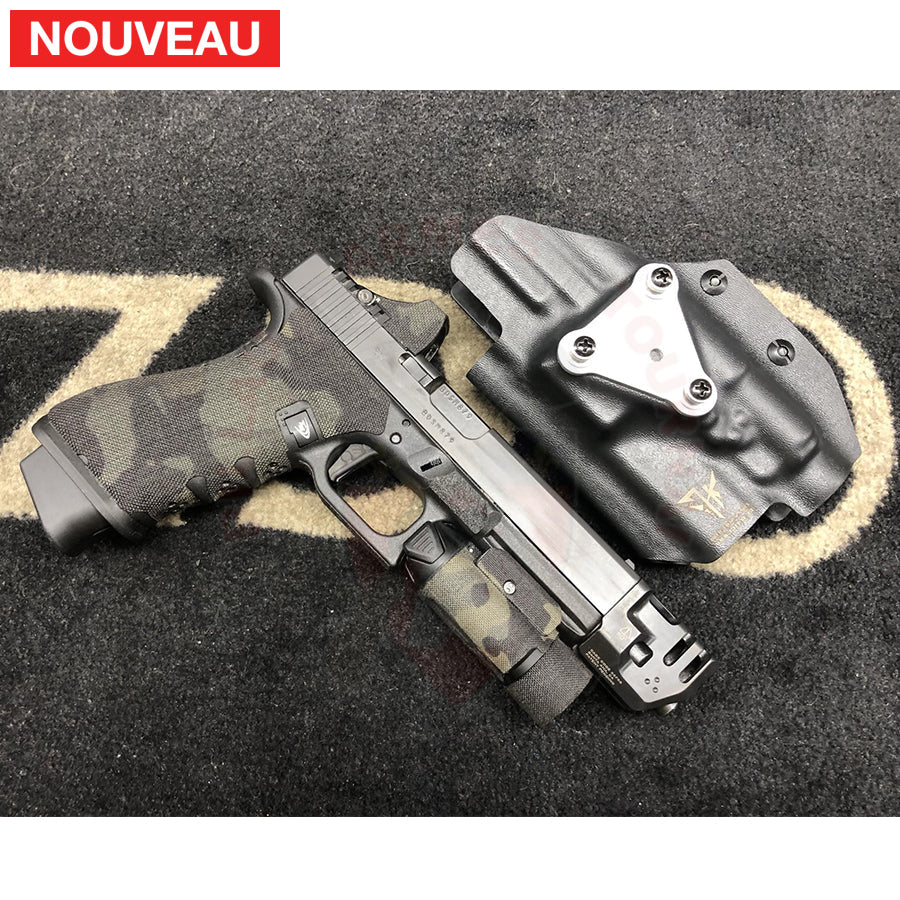 Glock 17 Gen 4 Billau Custom + Mass Driver Strike Industries + Wrapping Multicam Black + Lampe Tactique Olight Valkyrie