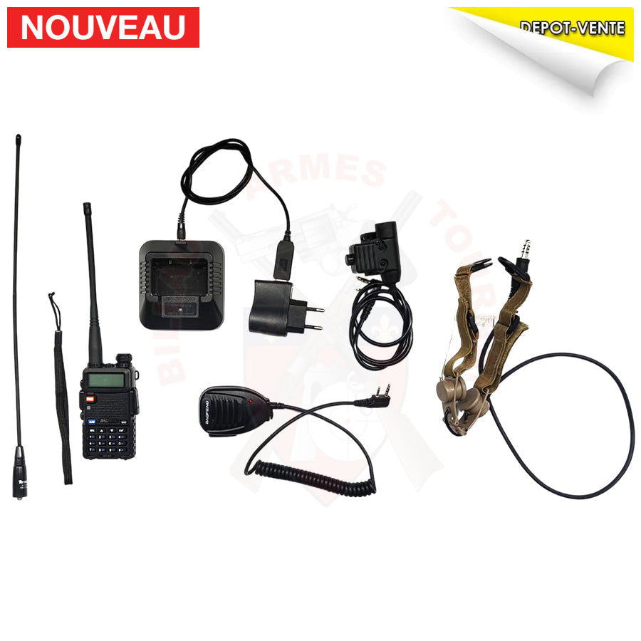 Kit Complet Talkie-Walkie Baofeng Uv5R + Laryngo Ptt Micro Ptype Police Antenne Longue Base De