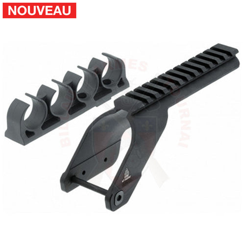 Montage Picatinny + Porte-Cartouches UTG Pour Fusil à Pompe Mossberg 500 / 590 / Maverick 88 Noir Rails