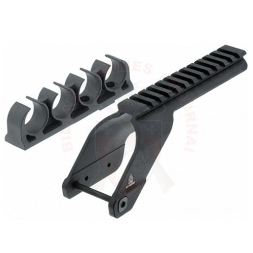 Montage Picatinny + Porte-Cartouches UTG Pour Fusil à Pompe Mossberg 500 / 590 / Maverick 88 Noir Rails