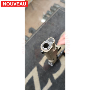 Traitement peinture céramique Cerakote Magpul FDE sur un pistolet Schmeisser Hugo dont la finition d’origine a commencé