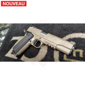 Traitement peinture céramique Cerakote Magpul FDE sur un pistolet Schmeisser Hugo dont la finition d’origine a commencé